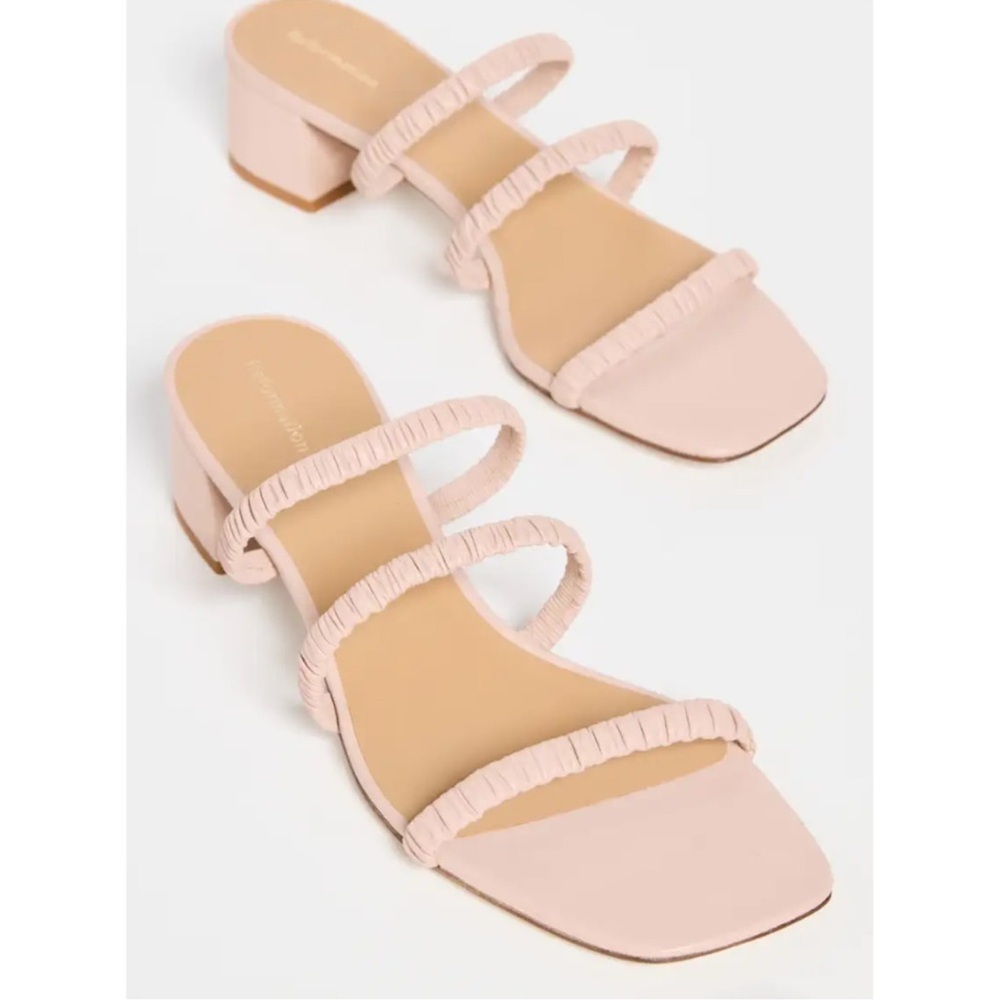 Reformation Assunta Scrunchy Strappy Block Heel Mule in Serenade Soft Pink 5.5